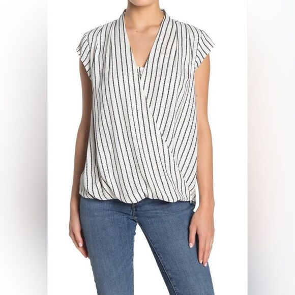 HALOGEN Surplice Cap Sleeve Faux Wrap Blouse. White with black rope print. NWT. - Picture 1 of 6